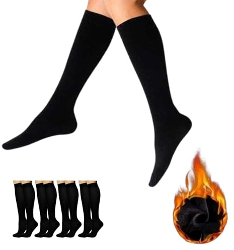 lurensa 4 Pares de Calcetines Térmicos Altos de Invierno para Hombre y Mujer - Interior de Felpa Suave, Cálidos y Largos hasta la Rodilla, Talla Única, Negro (Negro 35-40)