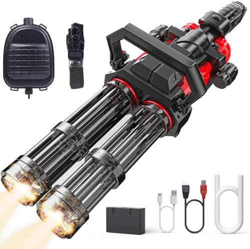Pistola de agua eléctrica Gatling de doble cañón, emisión de luz, módulo de batería recargable incluido, con mochila de gran volumen.