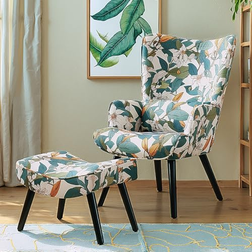 Matomn Relaxsessel mit Hocker Patchwork Sessel Holz Sessel Wohnzimmer moderner Ohrensessel mit Massivholzfüße Fernsehsessel Leinen Loungesessel Stuhl (Lilie)