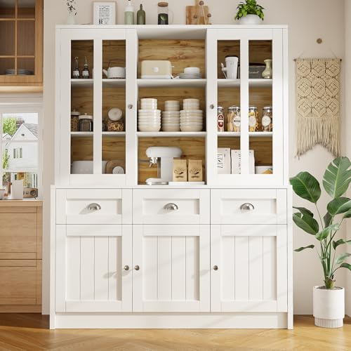 Rosebibi Armarios altos para la sala de estar (140×38.5×175 cm), vitrina, armario de cocina, armario de comedor con cajones, armario alto, vitrina en pie para cocina, sala de estar, comedor (Blanco)