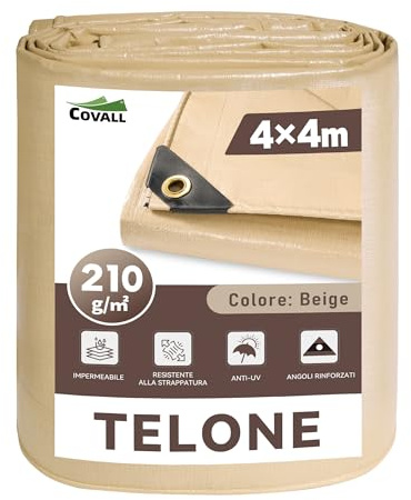 COVALL Telo Impermeabile Esterno 210g/m² 4x4m-Telone con Occhielli Rinforzati, Protezione UV, Adatto a Tutte le Stagioni-Ideale per Cantiere Edile, Copertura Legna, Campeggio e Uso All'apertoPiscine