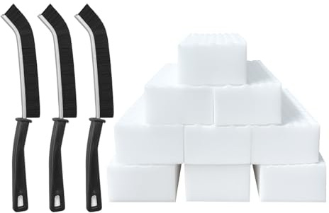 Magic Eraser Melamine Sponge & Crevice Cleaning Brush 12Pcs Sets,3X Longer Lasting Extra Durable Melamine Sponge Foam Cleaning Pads,Tile Groove Gap Grout Thin Brush,Multi-Purpose,No Scratch