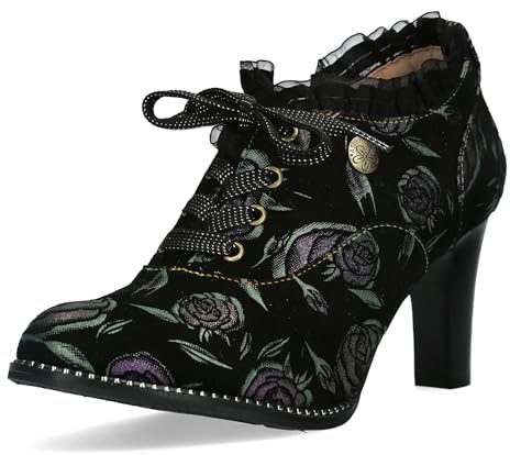 Laura Vita Damen Schnürpumps Hochfront Rüschen und Blumenmuster Alcbaneo 14, Größe:39 EU, Farbe:Grün