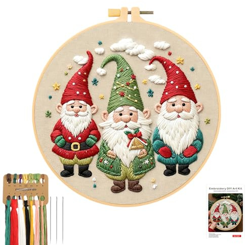 JSRQT Babbo Natale Ricamo Starter Kit,Elfi Gnomo Set da Ricamo,Ricamo Starter Kit Cucire Accessori per Adulto Principianti