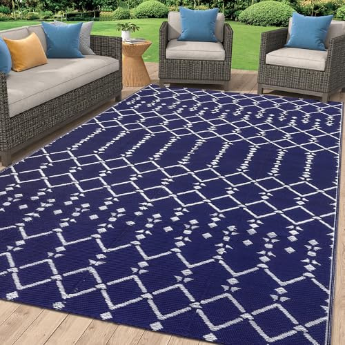 Homaxy utomhusmatta 150 x 240 cm, blå och vit | Vattentätt vändbart plastsugrör, UV-beständigt, vikbar boho, halkfri, för uteplats, camping, picknick, balkong, trädgård
