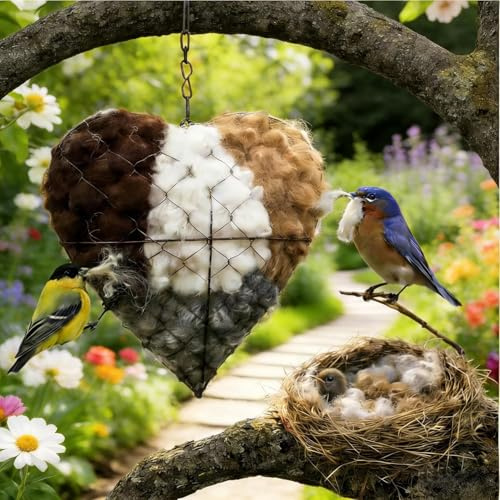 Handmade Fiber Bird Nesting Heart, Refillable, Heart Shape, Includes 2 Bags of Nesting Materials, for Hummingbirds, Garden Decor,Spring and Summer Fowl Gifts Animal Hummingbirds Lovers Home (1 Set)