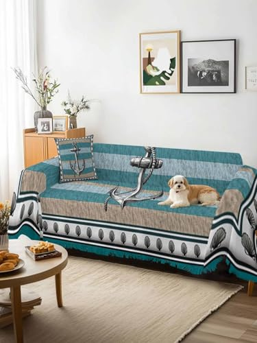 Blue Beige Anchor Sofa Cover Blanket Couch Covers for Armchair Cushion,Couch Sofa Silpcover with Tassel,Nautical Summer Beach Coastal Ocean Living Room Bedroom Throw Towel Blanket Covers XX-L 71x150