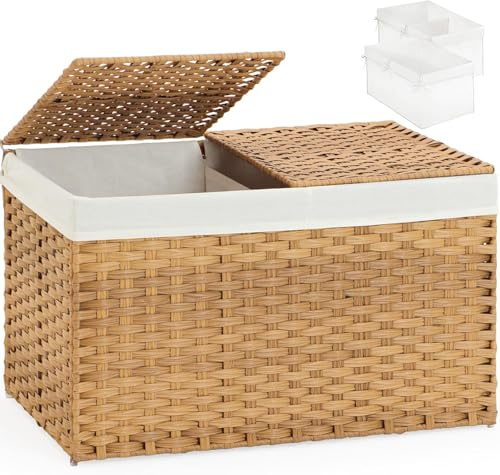 65L Wicker Storage Basket with 2 Separate Lid,Handwoven Rattan Wicker Storage Trunk with 2 Removable Liner, Rattan Woven Storage Box with Handles, for Bedroom, Laundry Room (Natural, 56x33x35cm)