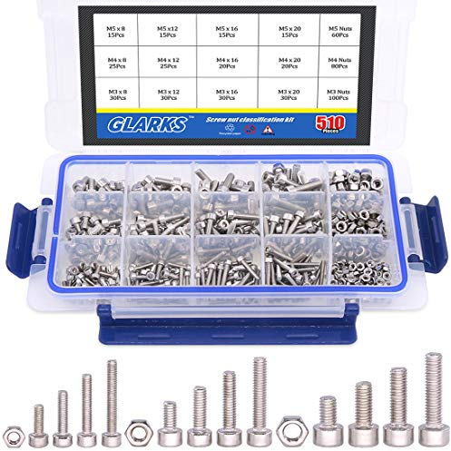 Glarks Kit surtido de 510 tornillos de cabeza hexagonal de acero inoxidable M3 M4 M5 304 con tuercas
