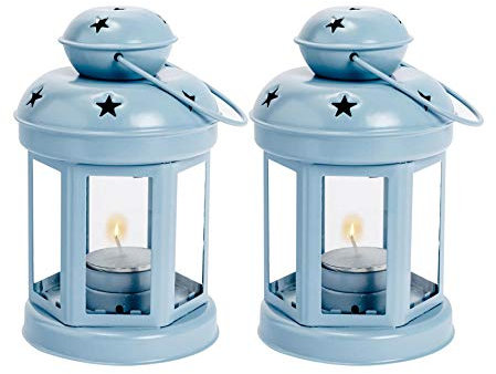 Nicola Spring Vintage Lantern Tealight Holders - Pack of 2 - 16cm - Blue Candle Holder Decorative Candle Lantern Metal Tealight Candles for Hanging Indoor, Outdoor