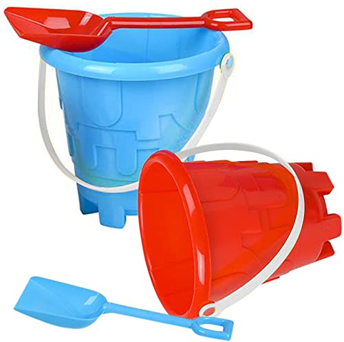 ArtCreativity 6 Beach Bucket and Shovel for Kids (Set of 2) Includes 2 Sand Shovels and 2 Buckets with a Sand Castle Design Inside, Sandcastle Building Toys, Fun Summer Sand Toys for Boys and Girls