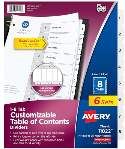 Avery 8 Tab Dividers for 3 Ring Binders, Customizable Table of Contents, Classic White Tabs, 6 Sets (11822)