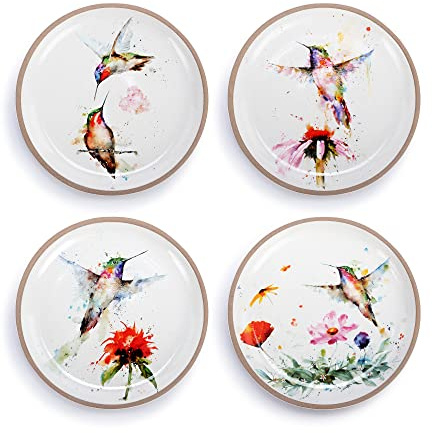 DEMDACO Watercolor PeeWee Birds 6.5 inch Stoneware Appetizer Plates Set of 4