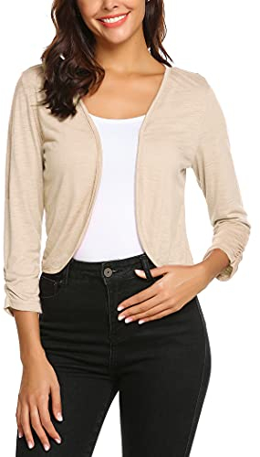 Parabler Damen Bolero Leichte Kurz Strickjacke Elegant 3/4 Ärmel Bolerojacke Casual Festlich Einfarbig Cardigan Frühling Sommer Schulterjacke Champagner S