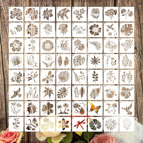 Lot de 64 pochoirs à fleurs pour peinture, 7,6 cm, pochoirs réutilisables en plastique pour peinture sur bois, mur, carrelage, décoration d'intérieur