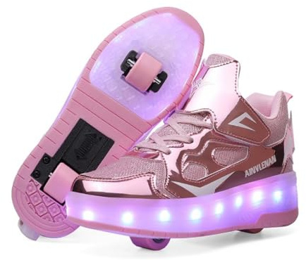HUSKSWARE Kinder Schuhe mit Rollen – LED Sneaker 2 Rollen, USB aufladbar, Farbwechsel Licht, Skateboard Schuhe Jungen Mädchen, Rollschuhe Sportlich, Schwarz Rosa Gold Silber Weiß, Größe 28–41 EU