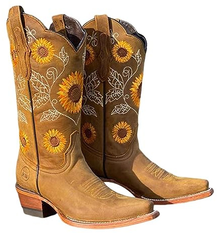 itrimaka Stivali da Cowboy da Donna, Stivali Vintage Ricamati Floreali, Stivali da Cavaliere con Tacco Blocco, Comodi Stivaletti da Passeggio per l'Equitazione