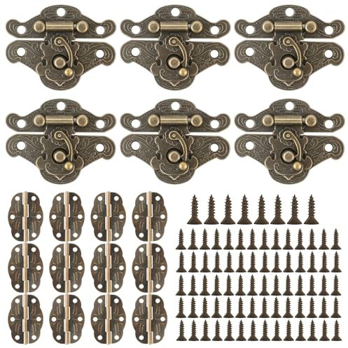 6 Sets Scharniere Klein Antike Dekorative Haspe, Retro Haspen Riegel, dekorativer Holzschmuck, Vintage Scharnier mit 12 Stück Butterfly Scharniere und 78 Stück Schrauben