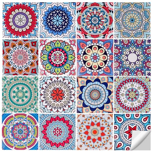 FRUHLING 16 Stück Selbstklebend Fliesenaufkleber Bunte Fliesen Sticker Fliesenfolie 15 x 15 CM Fliesendekor Aufkleber Fliesen Marokko Mosaik Wandfliese Aufkleber für Küche Esszimmer Bad