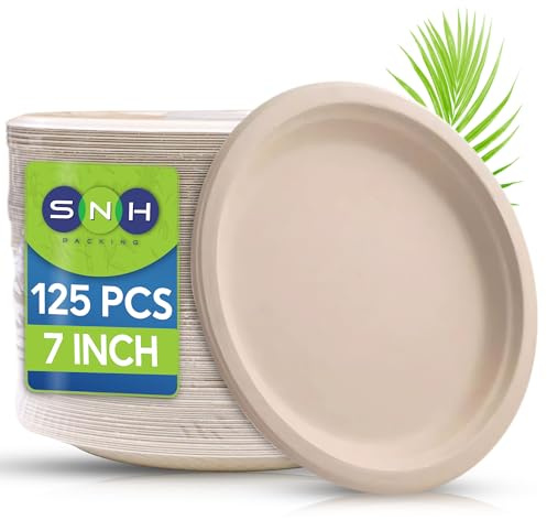 SNH Packing Lot de 125 assiettes compostables de 17,8 cm en carton robustes, respectueuses de l'environnement, biodégradables, en bagasse de canne à sucre, assiettes jetables marron naturel pour