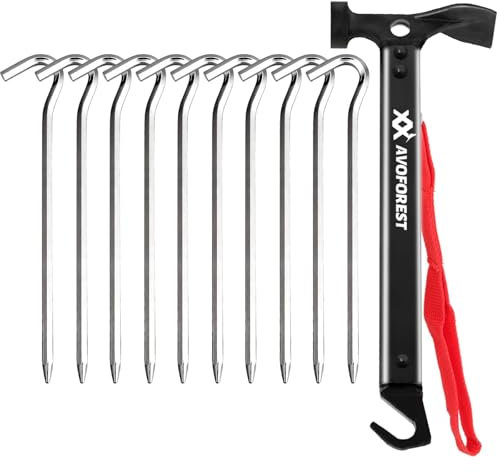 Camping Hammer mit 10 PCS Zelt Heringe,AVOFOREST Hammer aus Aluminium, Outdoor-campinghammer, Multifunktionaler Hammer für Zeltheringe mit Aufbewahrungstasche
