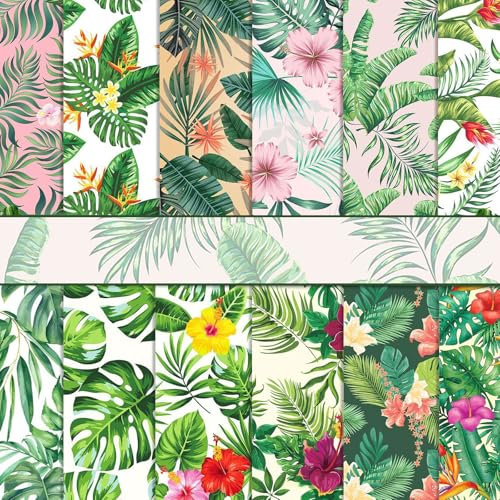 Scrapbook Papier 30x30 Scrapbook Bastelpapier mit Grün Bananenblatt Muster, 24 Blatt Scrapbooking Papier Sommer Dekorpapier, Doppelseitiges Decoupage Papier Motivpapier für Journal Scrapbooking