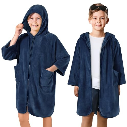 SUN CUBE Kids Hooded Towel Robe, Zip-Up Swim Cover Up, Ages 7-12, Navy Blue