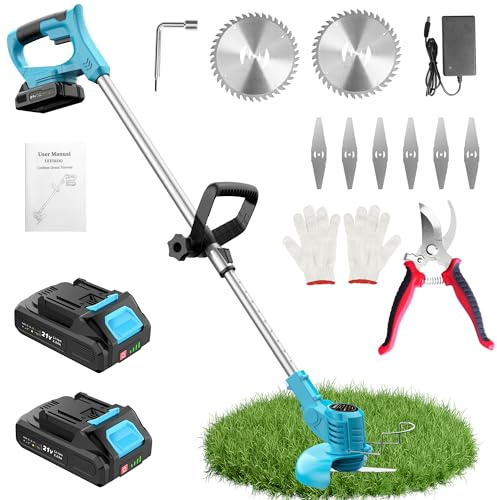 Decespugliatore a Batteria 21V, Tagliabordi a Batteria con 2 Batterie 2,0Ah, 2 Tipi di Lame in Metallo Tagliaerba Elettrico, Forbici Potatura, Angolazione Regolabili per Giardino Potatura (Blu)