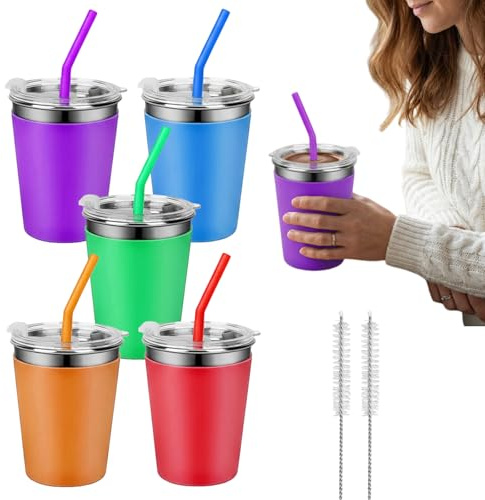 Porfoyo 5 stycken drickkoppar i rostfritt stål, rostfria koppar, okrossbara barnkoppar, 350 ml, med lock och sugrör, återanvändbara, 304 rostfritt stål med silikonhylsa för barn, vuxna