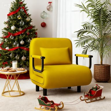 Fabulcozy Poltrona Letto 4 in 1 – Poltrona Letto Singolo Pieghevole con Cuscino, Poltrone Sofa Divano Schienale Reclinabile, Poltrone Sofa Pouf 60L x 68P x 85A cm(Giallo limone)