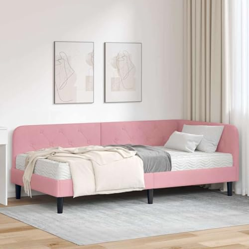 Ziaphsol Hörnsängram med madrass, 90 x 200 cm, rosa sammet, L-formad design, utrymmesbesparande, robust plywood, komfortskummadrass, sovrumsmöbler