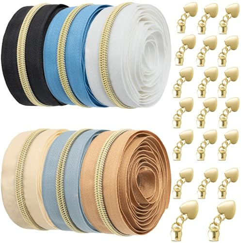 VOKABY 12m #5 Cerniera Lampo 6mm,Cerniere in Nylon per Cucito a Metro,6 Colori,2 m per Ogni Colore,con 20 Tiretti in Metallo (Oro)