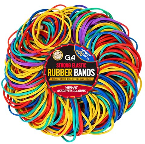G4GADGET Elastic Bands 400 Pack – Coloured Rubber Bands Assorted Sizes, Thick & Stretchable Elastic Loops for Home Office School, Bundling, Organising, Crafts & DIY