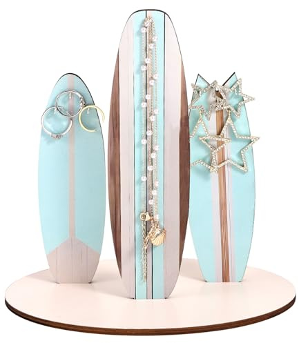 Goktvai Surfboard Jewelry Holder Stand, Wooden Ocean Beachy Themed Necklace Bracelet Organizer Coastal Beach Christmas Decor Accessories for Women Hawaii Surfer Room Gift (Blue)