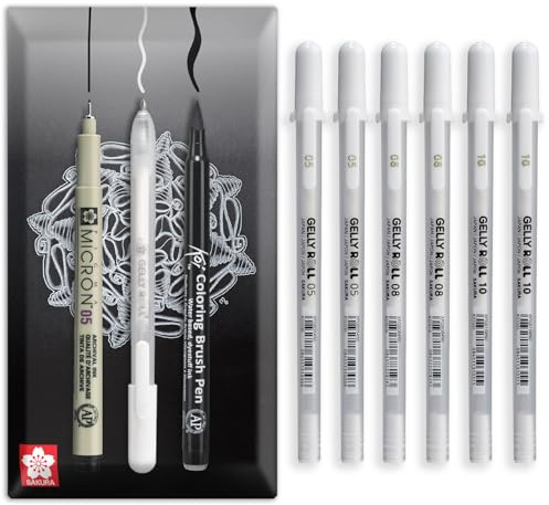 SAKURA Gelly Roll Basic White Gel Pen | Opaque Waterproof White Ink, No Bleed or Smear | Smooth Flow for Drawing, Highlights & Dark Paper | 05, 08, 10 Nibs | Pack of 6 in Envelope Gift Packaging