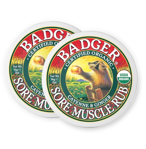 Badger Sore Muscle Rub, 100% Organic Sore Muscle Cream, Cayenne & Ginger Warming Sore Muscle Relief, Recovery & Relaxation, Long Lasting, Great Smelling, 2 oz Tin, 2-Pack