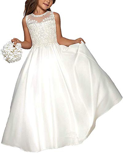 Hengyud First Holy Communion Dresses Lace Flower Girls Dress for Wedding White