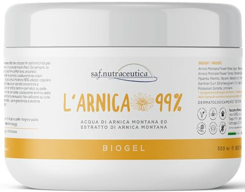 Saf.Nutraceutica - Biogel Extra Forte Arnica Montana 99% | Arnica Cavalli Uso Umano | Azione Rapida e Rinfrescante | Vegan e Naturale | Made in Italy, Marrone Scuro, 500 ml