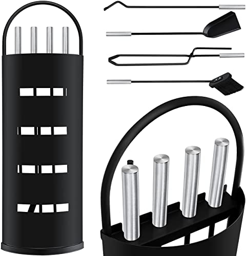 KESSER® Accessori per camino Kit caminetto da 5 pezzi - design moderno, rivestito, Set per caminetto 5 pezzi: scopino, paletta, attizzatoio, pinza, supporto porta-attrezzi, d'argento Nero