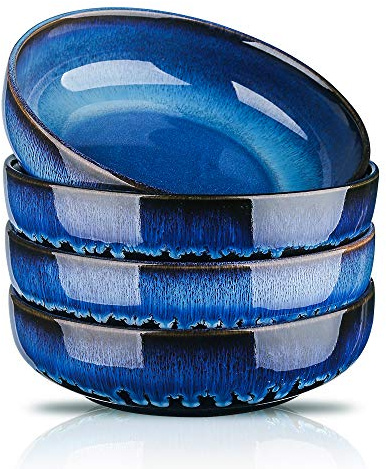 KOOV Ceramic Bowl, 46 OZ Pasta Bowls Set of 4, Large Salad Bowl Set, Dinner Bowls, Stackable Serving Bowls, Reactive Glaze Series (Nebule Blue)