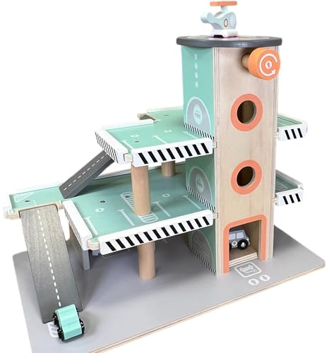 Jumini Wooden Toy Garage with Working Lift, Car Wash & Helipad - Includes Helicopter, Ambulance & Car - Ages 2+