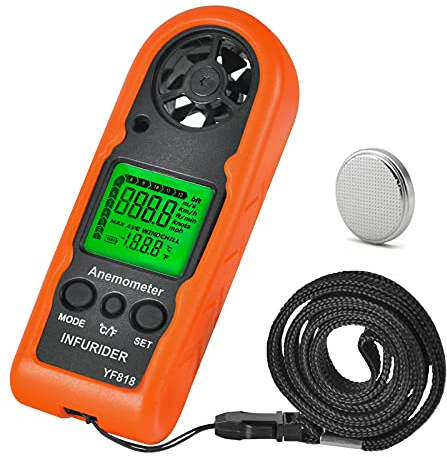 INFURIDER Anemometro Digitale, YF-818 Retroilluminazione Misuratore del volume d'aria per Velocità 0,3~30m/s e Temperatura del Vento, con Wind Chill, MAX/AVG per Windsurf, Vela, Pesca, Riprese