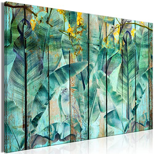 murando - Wandbilder XXL tropische Blätter 90x60 cm Leinwandbild 1 tlg Kunstdruck modern Wandbilder XXL Wanddekoration Design Wand Bild - Holzoptik Papageien Vögel Dschungel b-C-0988-b-a