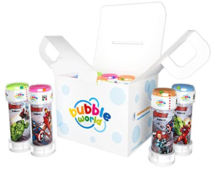 Bubble World - Avengers Party Pack - 12 Tuben Blasen - 60 ml - einfarbige Tuben und integriertes Gebläse - Perfekt für Geburtstagsfeiern - Made in Italy