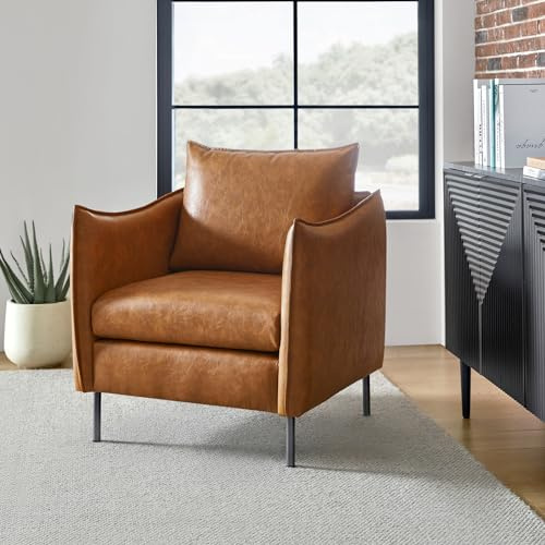 HULALA HOME Leather Armchair, Modern Faux Leather Accent Armchair Upholstered Living Room Chairs with Moveable Cushion for Living Room, Office, Reading, Customer Reception, Camel