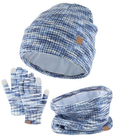 Lifup Gorro de Punto Invierno Térmico con Guantes y Bufanda Forro Polar Niños Set, Cuello Calentador Tejido Set Regalo para Niños Niñas 4-10 Años Mezcla azul