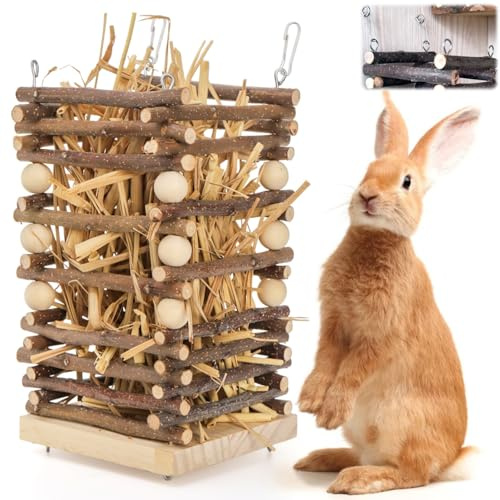 Eorbow Comedero de heno de madera para conejos, soporte de césped colgante de 7 pulgadas con 2 ganchos, organizador de heno para animales pequeños, organizador de heno para jaula, comedero de heno