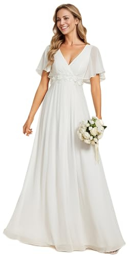 Ever-Pretty Vestito Donna Elegante Scollo a V Maniche a Volant Stile Lungo Abito Cerimonia Donna Bianco Crema 50