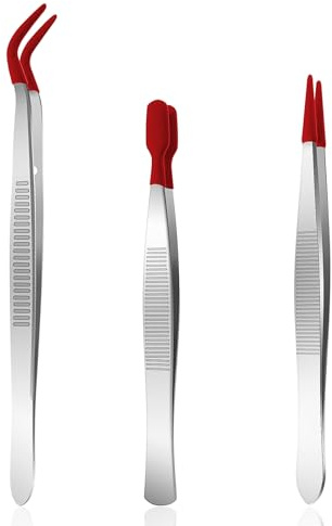 WLLHYF Juego de pinzas con puntas de goma, con revestimiento de silicona roja, pinzas planas y puntiagudas para manualidades, joyas, aplicador de pestañas, adhesivo industrial, pinzas largas, paquete