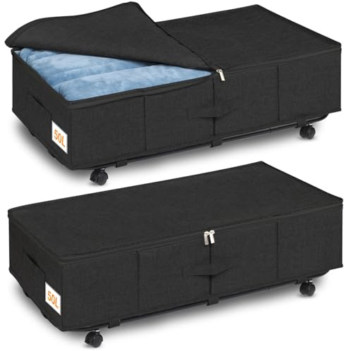 Huquter Cassettiera sotto il letto grande con ruote, rotazione a 360°, contenitore sotto il letto, contenitore con 3 manici, contenitore con coperchio, ultra spesso, contenitore con ruote, colore nero